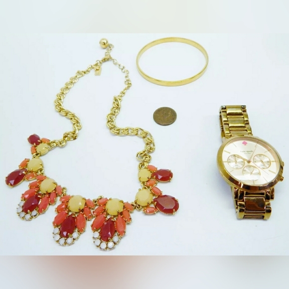 Lot of 3 Kate Spade Rhinestone Necklace Heart of Gold Bangle & Spade Watch - Picture 2 of 10